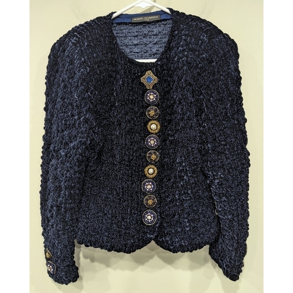 Marie-Martine Paris Blue Crinkle Jeweled Button Cardigan Size Small - Picture 7 of 7